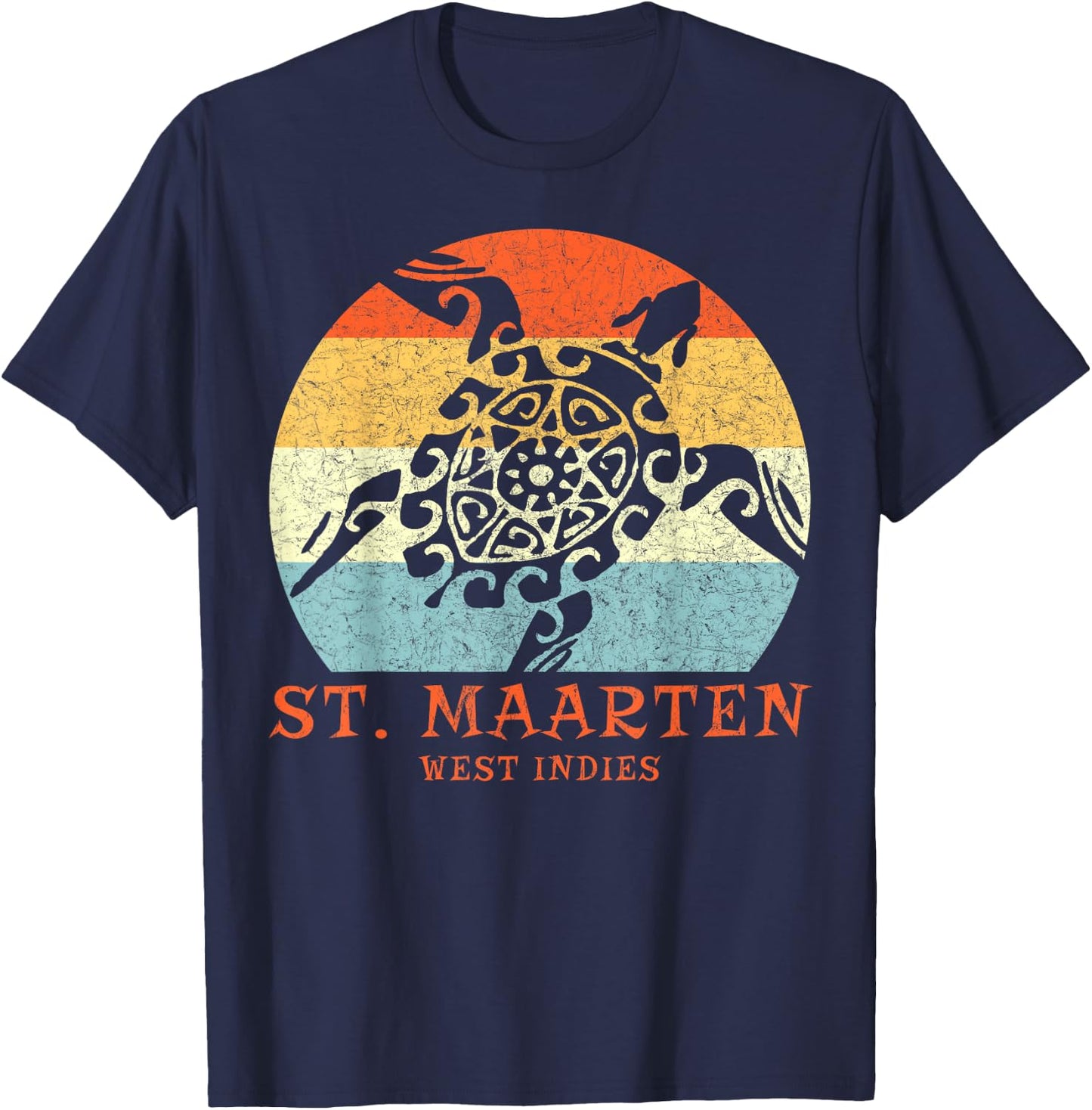 St. Martin, West Indies Vintage Retro Tribal Turtle Vacation T-Shirt - T-Shirt | Navy
