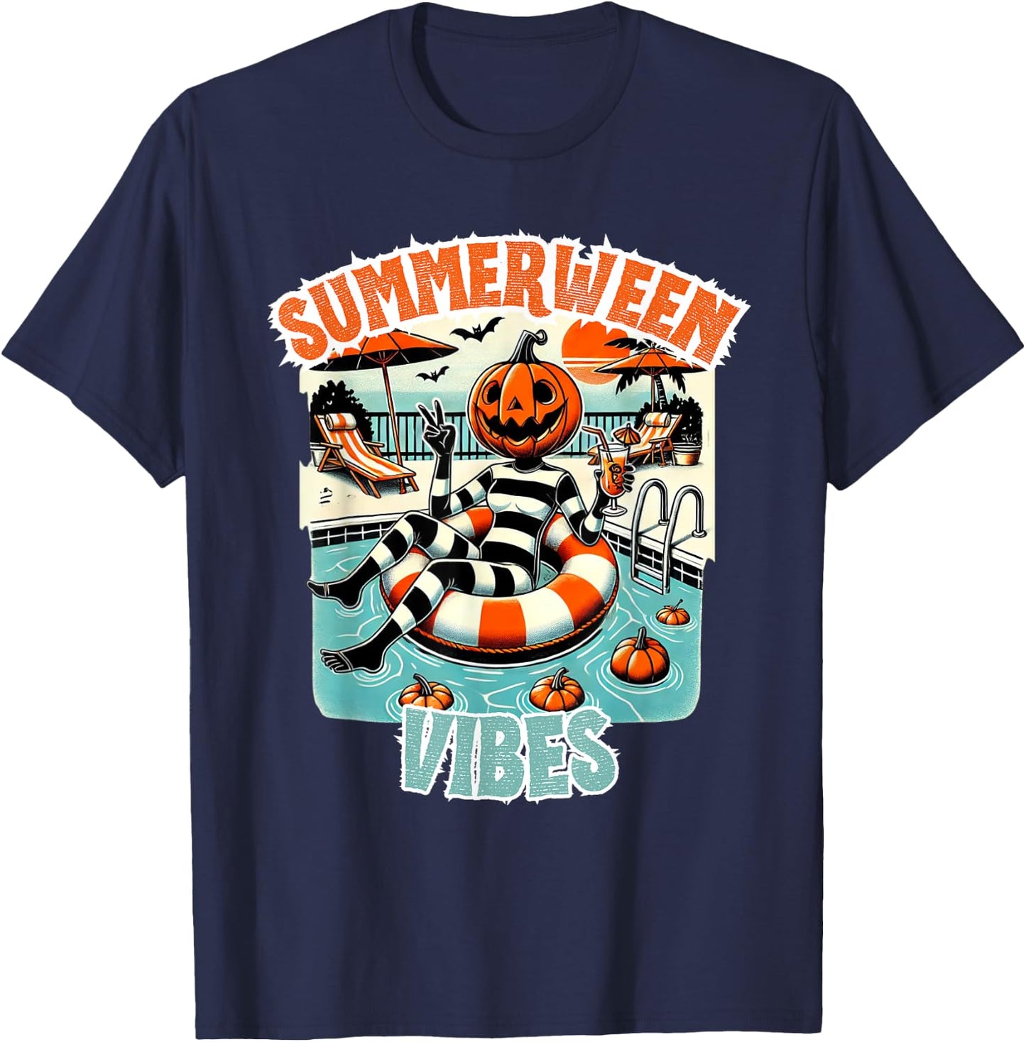 Summerween Vibes Halloween in Summer Design T-Shirt - T-Shirt | Navy