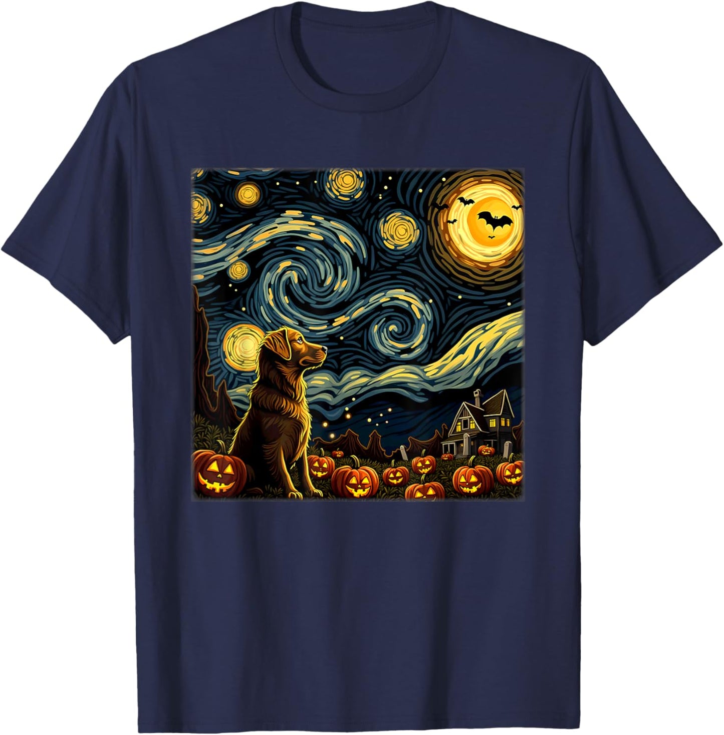 Spooky Halloween Golden Retriever Dog Starry Night T-Shirt - T-Shirt | Navy