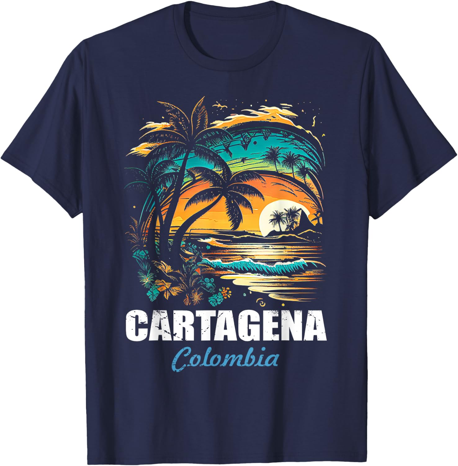 Retro Cartagena Colombia Sunset Vintage Vacation Souvenir T-Shirt - T-Shirt | Navy