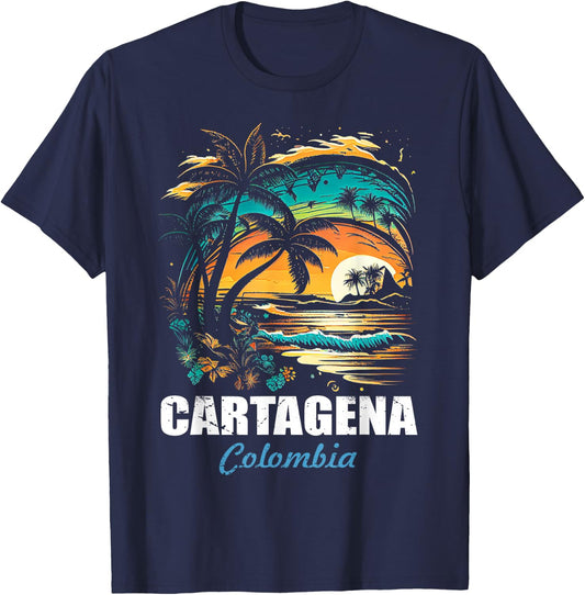 Retro Cartagena Colombia Sunset Vintage Vacation Souvenir T-Shirt - T-Shirt | Navy