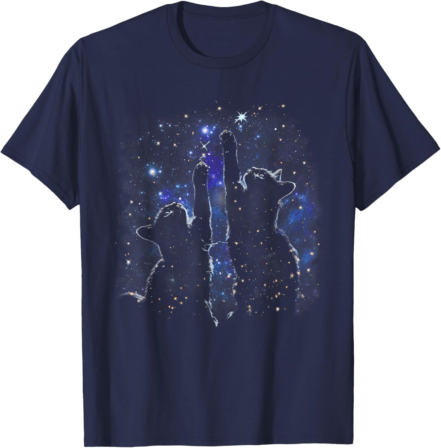 Two Cats Reaching for Stars Funny Galaxy Space Cat Night Sky T-Shirt - T-Shirt | Navy