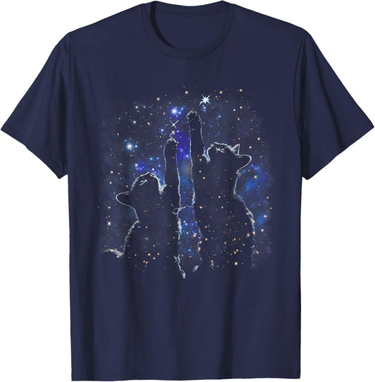 Two Cats Reaching for Stars Funny Galaxy Space Cat Night Sky T-Shirt - T-Shirt | Navy