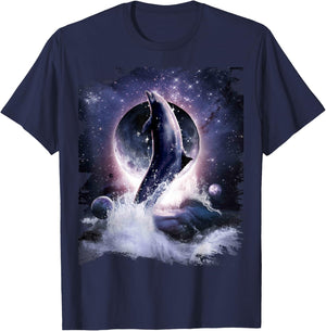 Moon Dolphin Space Galaxy Dolphins T-Shirt - T-Shirt | Navy