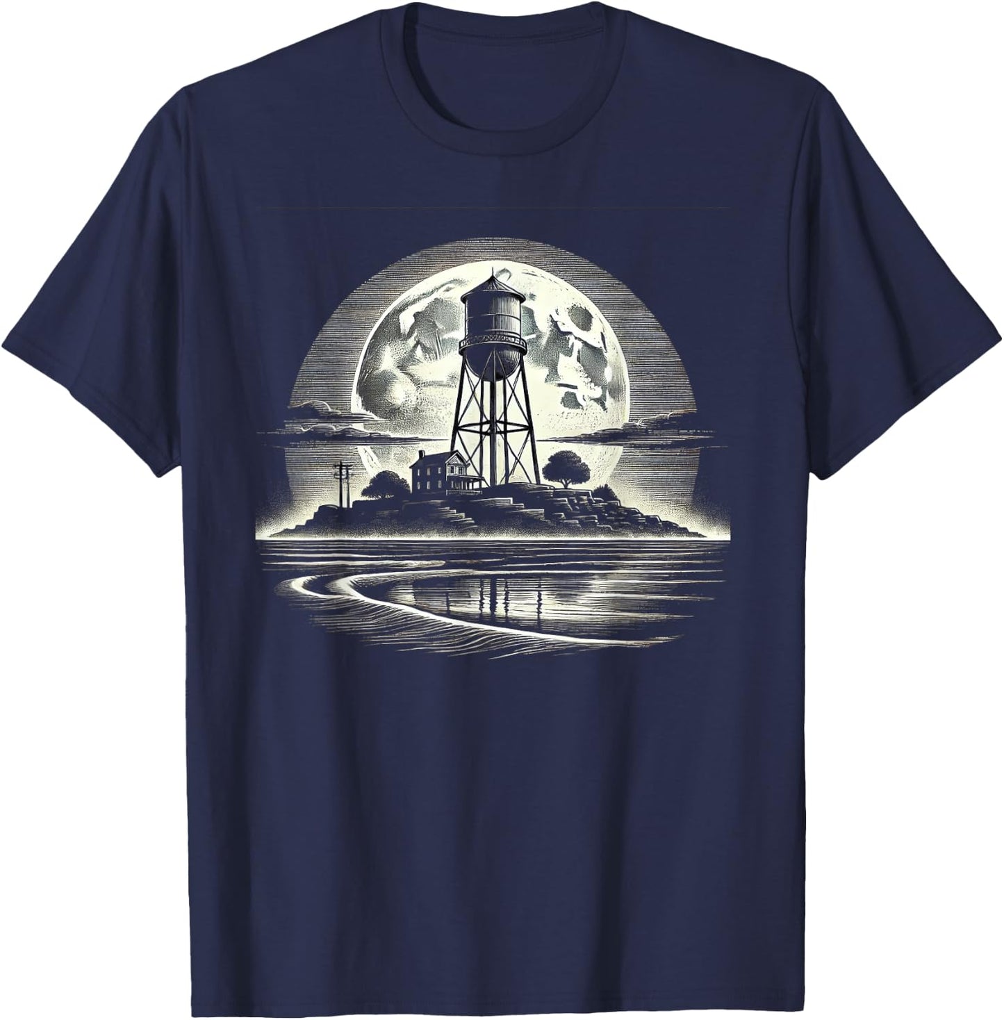 Rustic Water Tower Design - Moonlight Night T-Shirt - T-Shirt | Navy