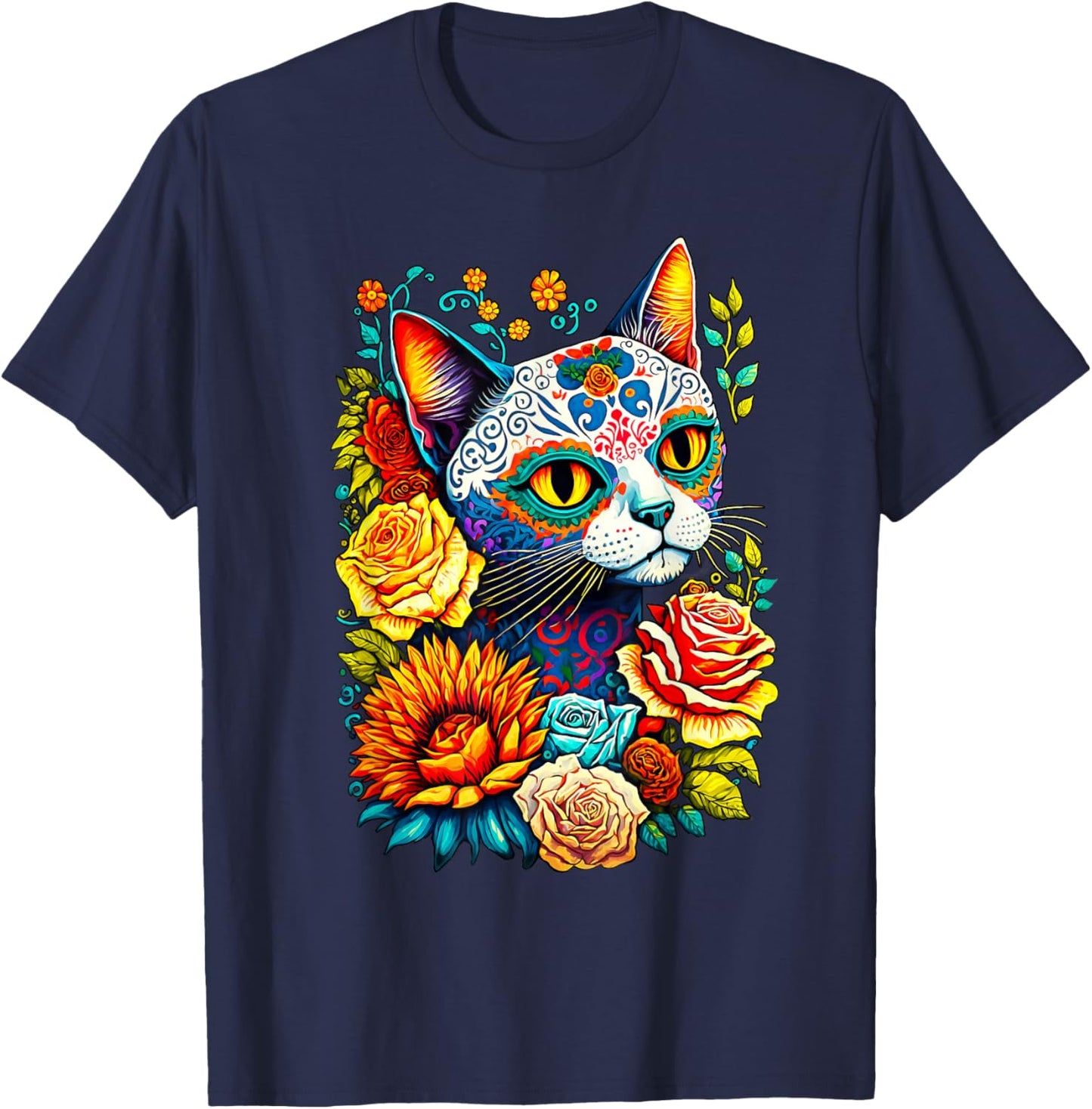 Sugar Skull Cat Dia De Los Muertos Catrina Day Of The Dead Women Kids T-Shirt - T-Shirt | Navy