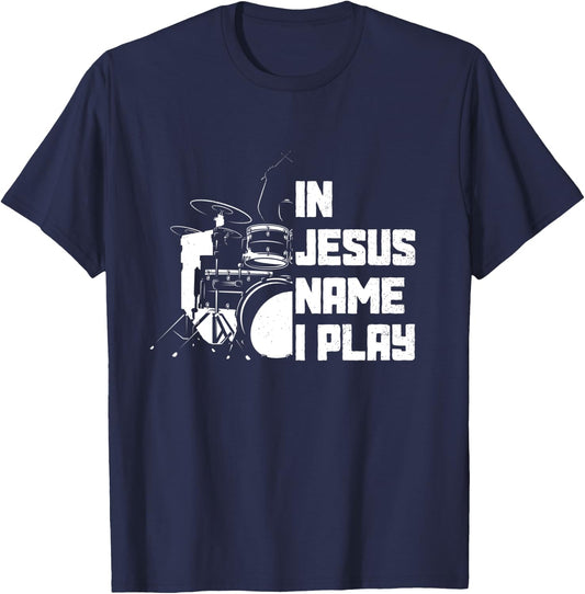 Vintage Drumset Christian Drummer In Jesus Name I Play Drum T-Shirt - T-Shirt | Navy