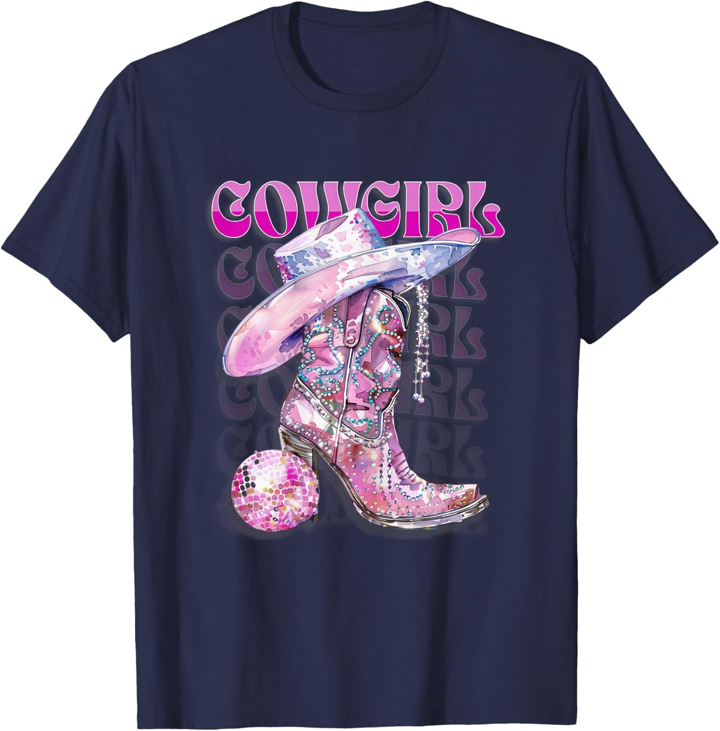 Pink Cowgirl Boots Disco Western Country Cow Girl Coastal T-Shirt - T-Shirt | Navy