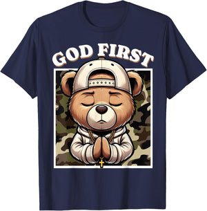 God First Hip Hop Camo Teddy Bear Christian Streetwear Pray T-Shirt - T-Shirt | Navy