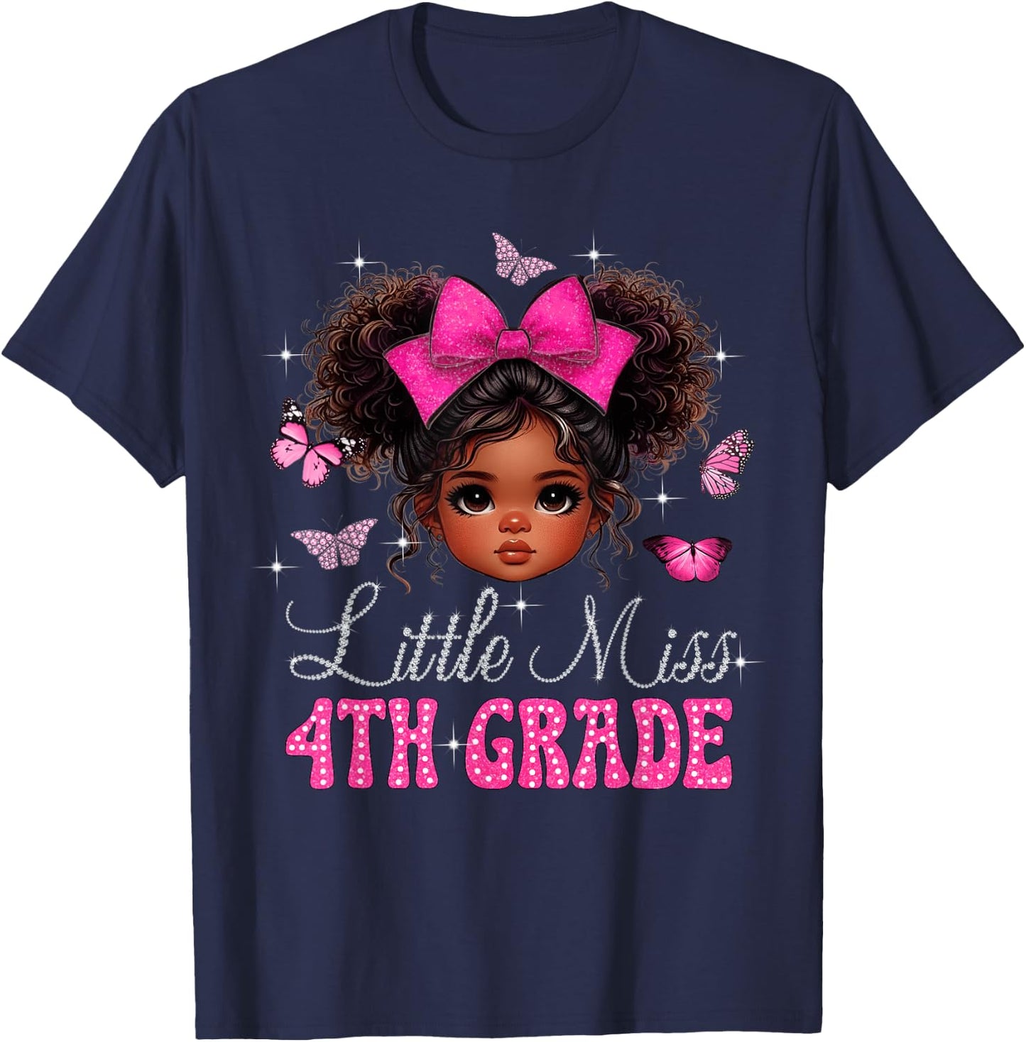 Little Miss 4th Grade Messy Bun Black Girls Back To School T-Shirt - T-Shirt | Navy