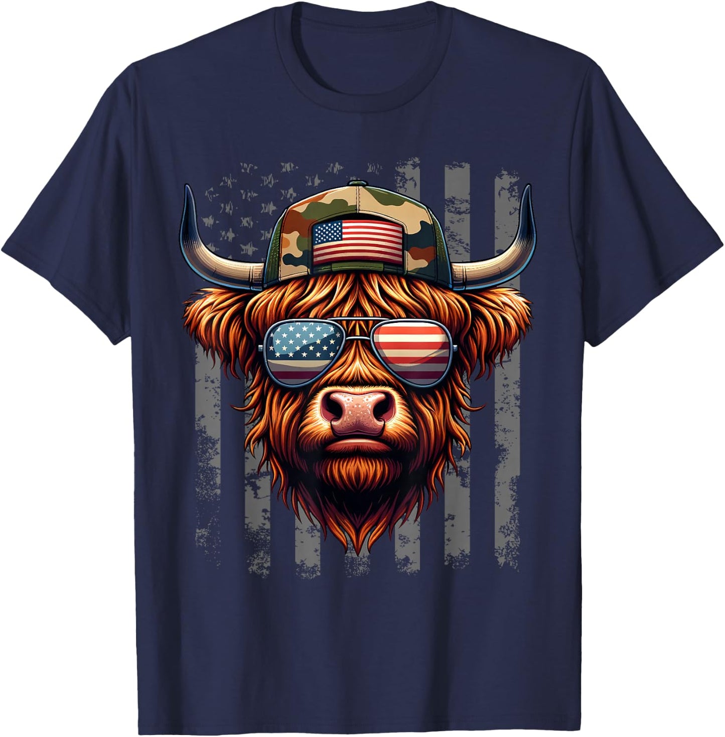 Highland Cow 4th July USA Flag Dad Father America Men Boys T-Shirt - T-Shirt | Navy
