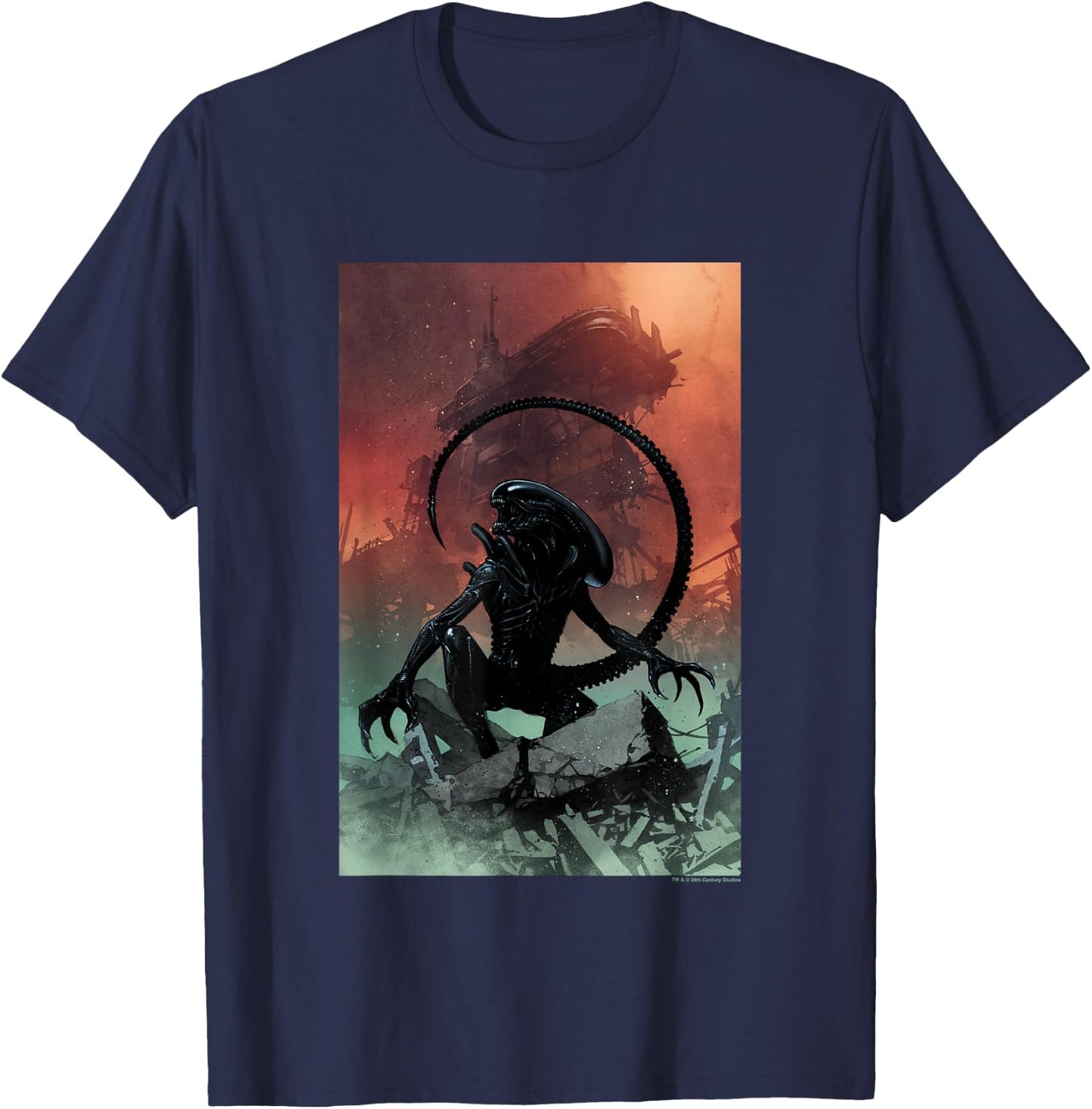 Aliens Iconic Xenomorph Around Destruction Big Chest Poster T-Shirt - T-Shirt | Navy