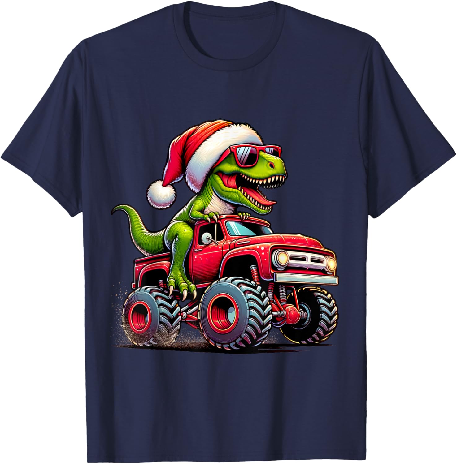 Christmas T Rex Monster Truck Boys Dinosaur Santa Xmas Funny T-Shirt - T-Shirt | Navy