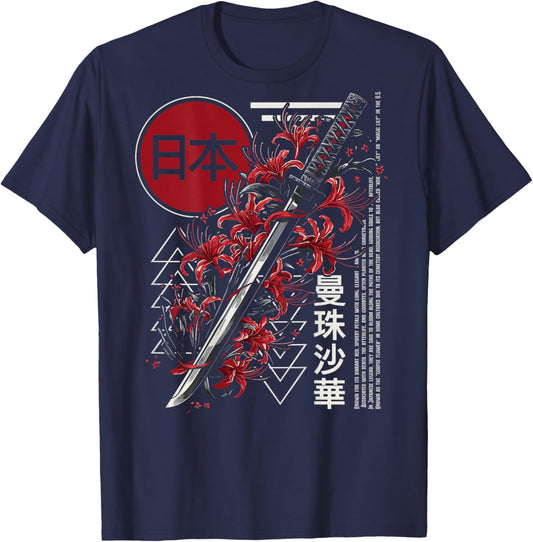Red Spider Lily Flower Japanese Katana Sword Backprinted T-Shirt - T-Shirt | Navy