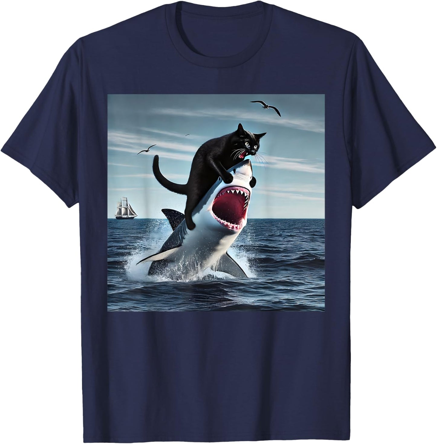 funny Art & Cat Lover Quote Cat Biting Shark Cool Black Cat Men Women T-Shirt - T-Shirt | Navy