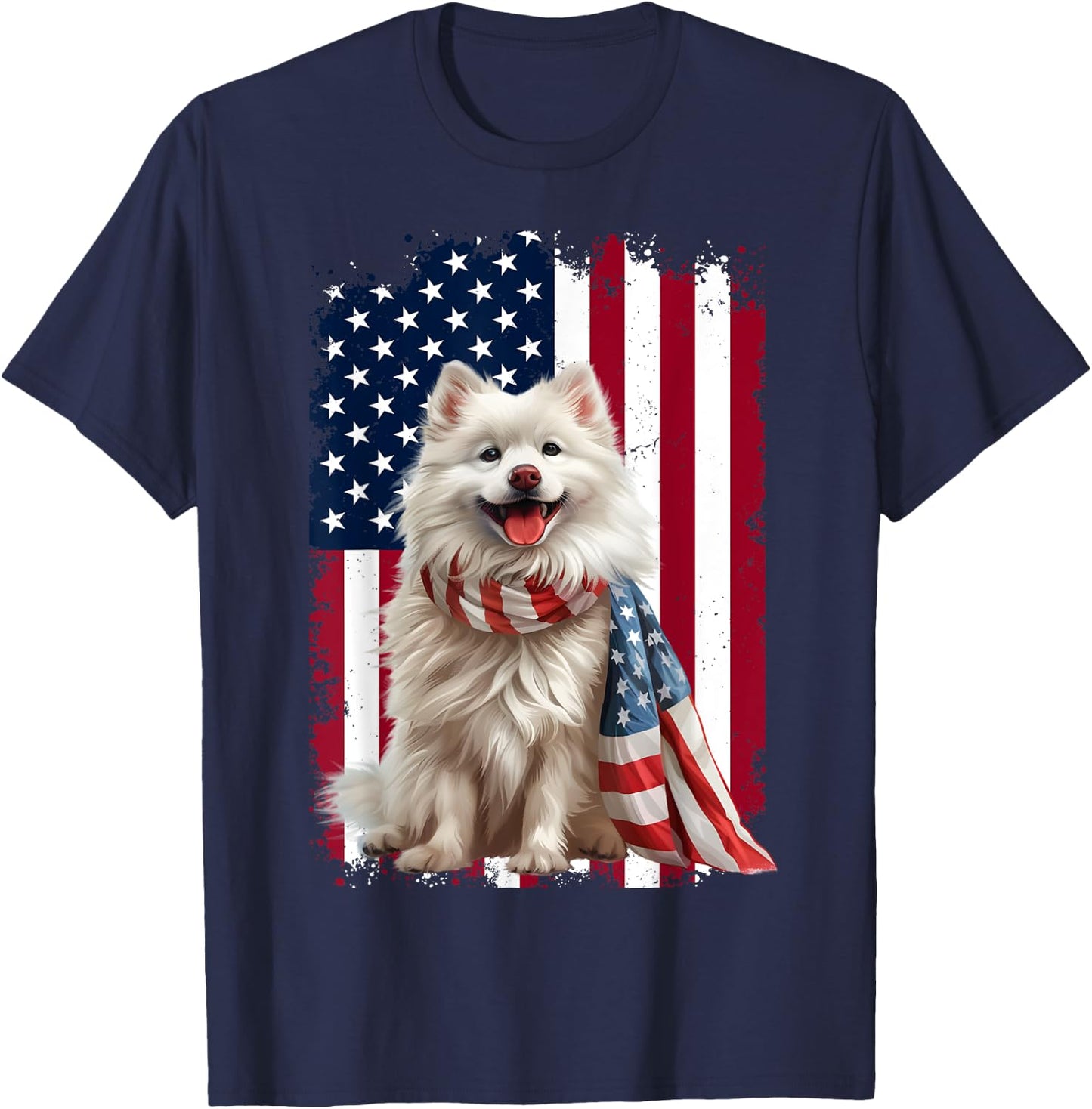 American Eskimo Dog American Flag 4th Of July Eskimo Lovers Women Kids Men T-Shirt - T-Shirt | Navy