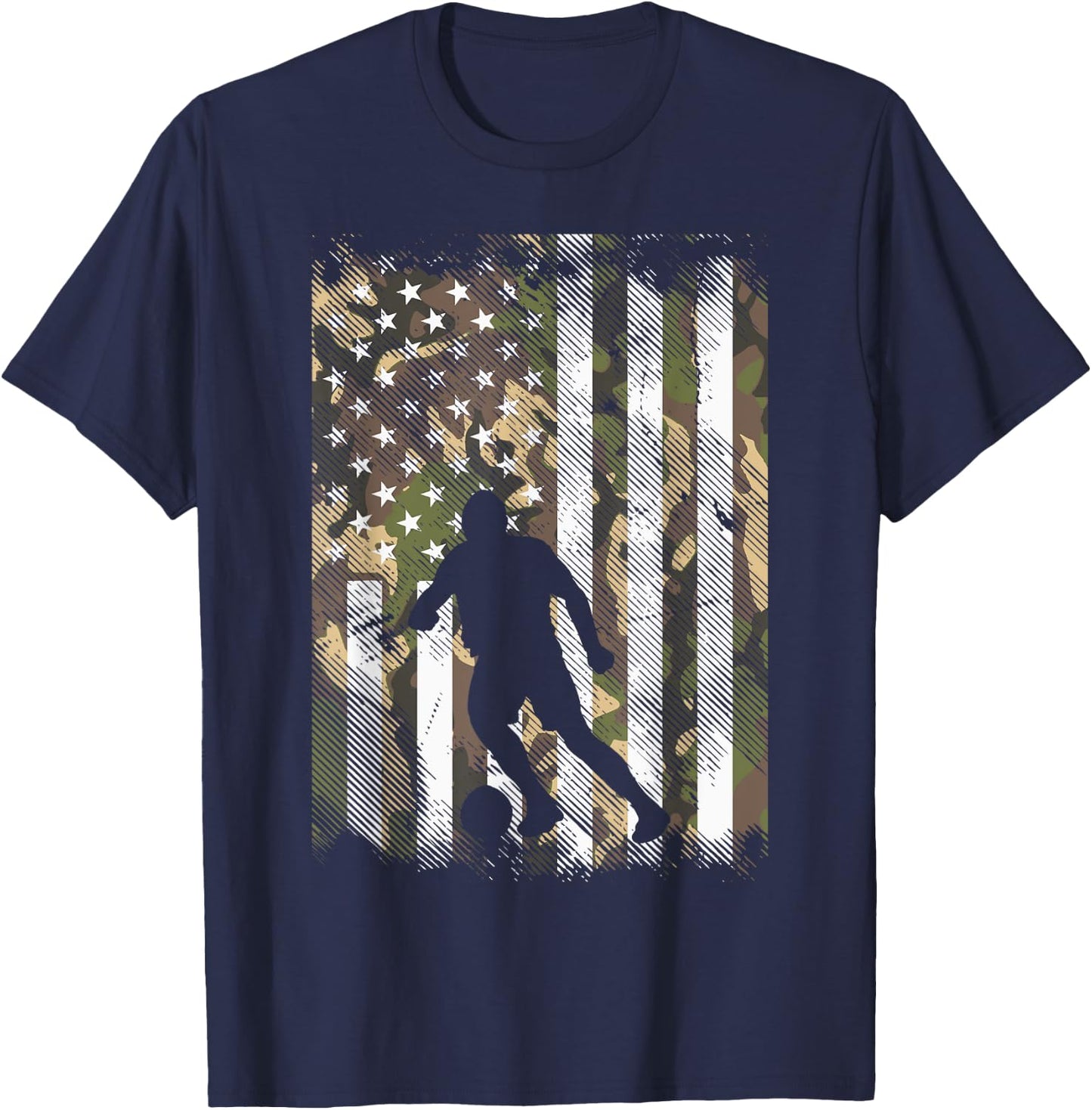 Camo US Flag Soccer Silhouette Vintage Football Patriotic T-Shirt - T-Shirt | Navy