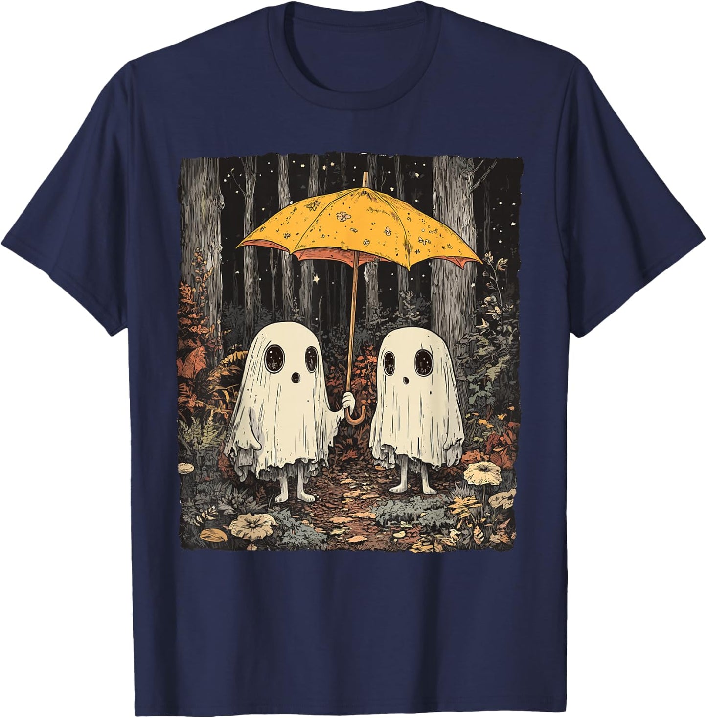Vintage Floral Ghost Halloween Ghost in the Forest Gothic T-Shirt - T-Shirt | Navy
