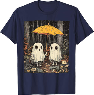 Vintage Floral Ghost Halloween Ghost in the Forest Gothic T-Shirt - T-Shirt | Navy