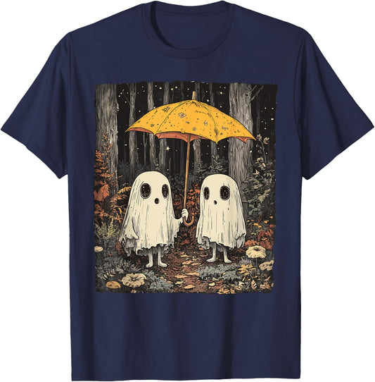 Vintage Floral Ghost Halloween Ghost in the Forest Gothic T-Shirt - T-Shirt | Navy