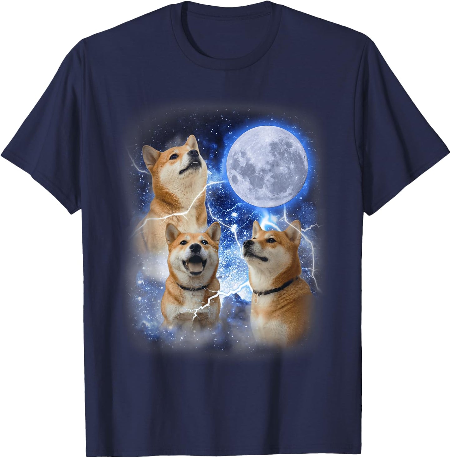 Three Shiba Inu Moon - 3 Doge Funny Cute Dog Meme Parody T-Shirt - T-Shirt | Navy
