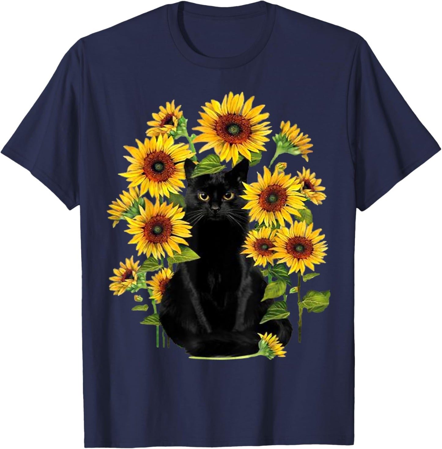 Black Cat Kitten Sunflower Funny Cute Cat Pet Sunflower T-Shirt - T-Shirt | Navy