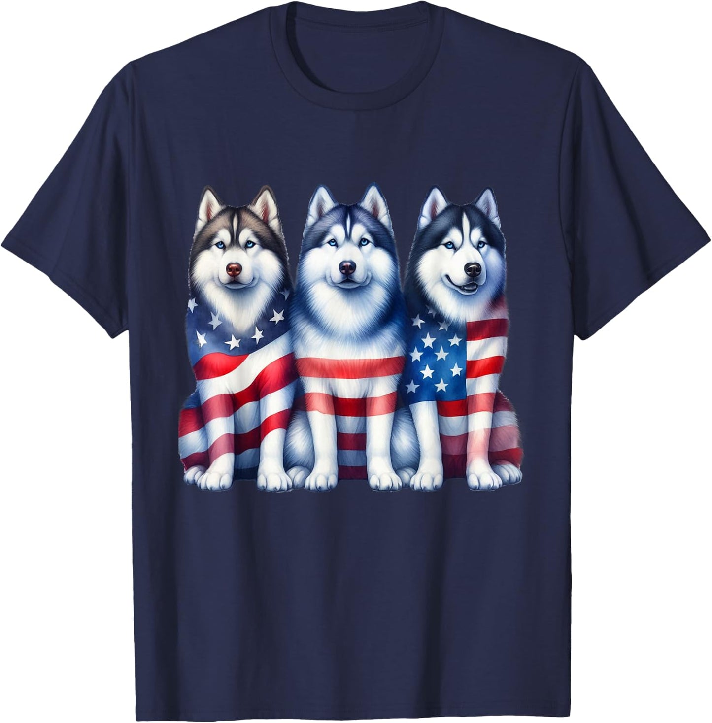 Three Husky Dog American USA Flag 4th of July Dog Lover Women Kids Men T-Shirt - T-Shirt | Navy