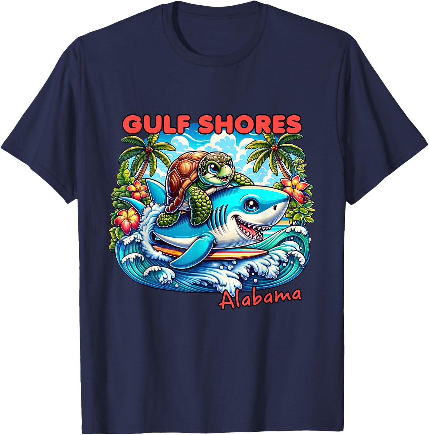 Gulf Shores Alabama Beach Turtle and Shark T-Shirt - T-Shirt | Navy