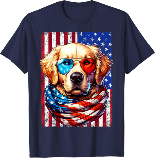 Golden Retriever American Flag USA Patriotic Dog 4th of July T-Shirt - T-Shirt | Navy