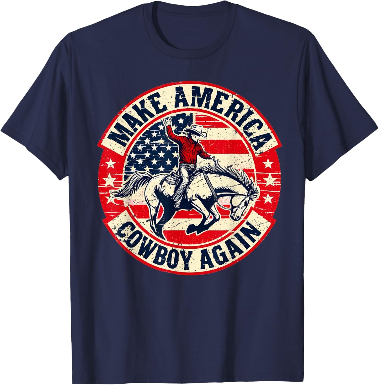 Vintage Western Rodeo USA Flag Makes America A Cowboy Again T-Shirt - T-Shirt | Navy