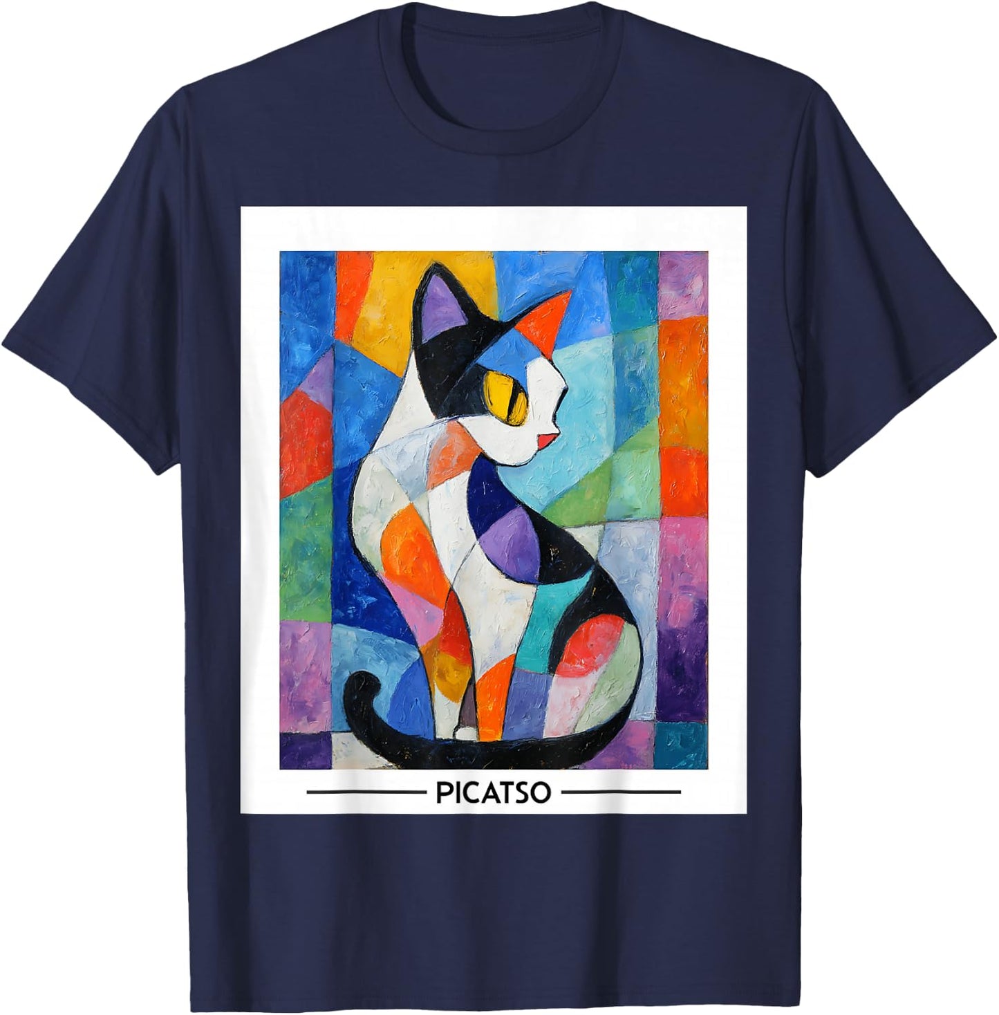 Abstract Cubist Cat Art Design -- Bold Colorful Picatso Gato T-Shirt - T-Shirt | Navy