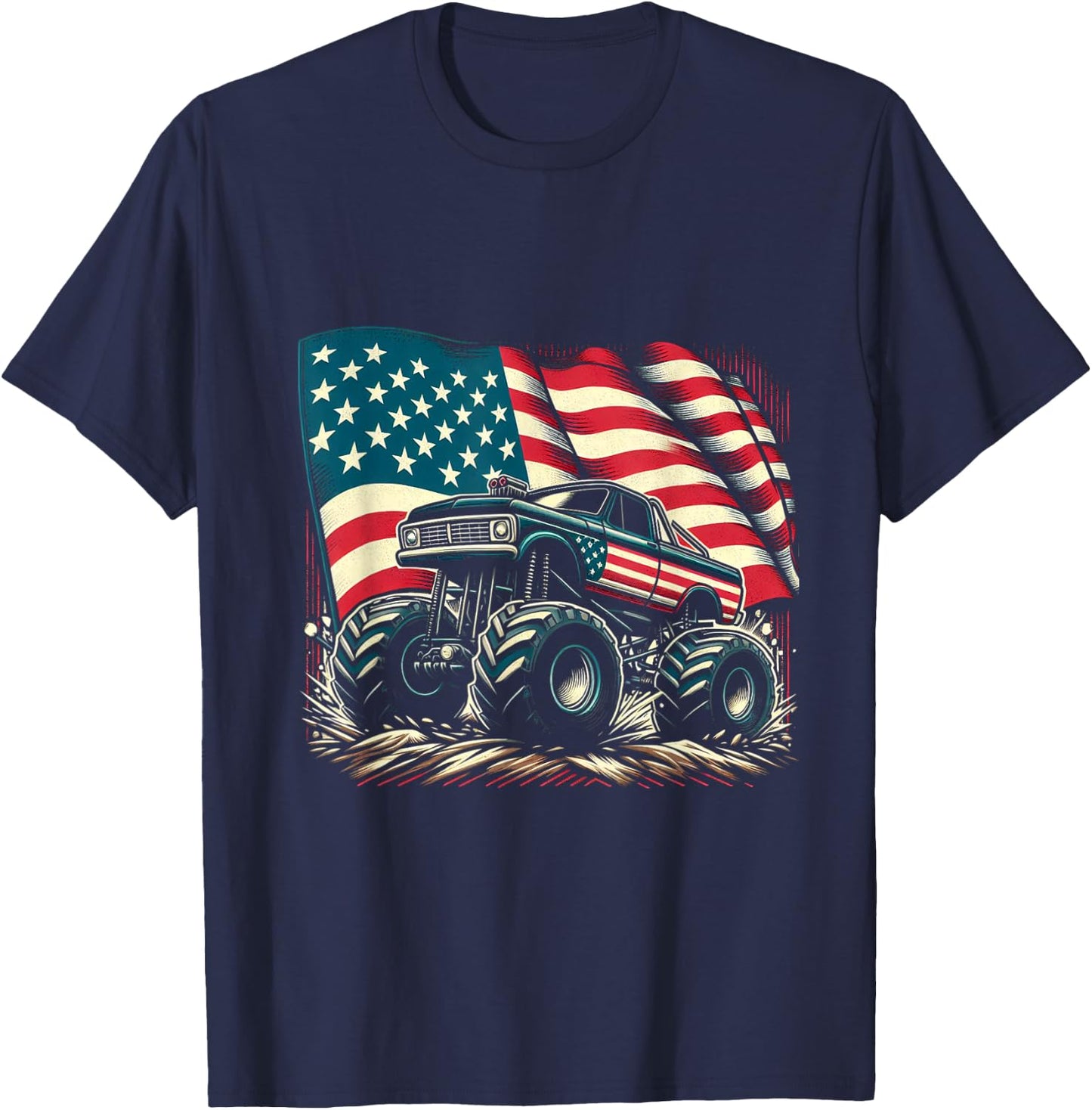 Patriotic USA Monster Truck Adult T-Shirt - T-Shirt | Navy