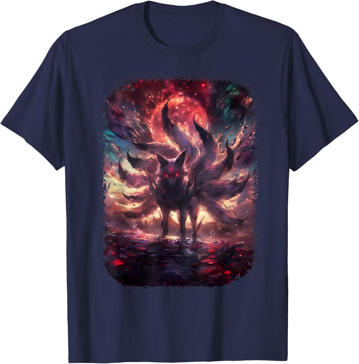 Anime Kitsune Nine-Tailed Fox Manga Otaku Style T-Shirt - T-Shirt | Navy
