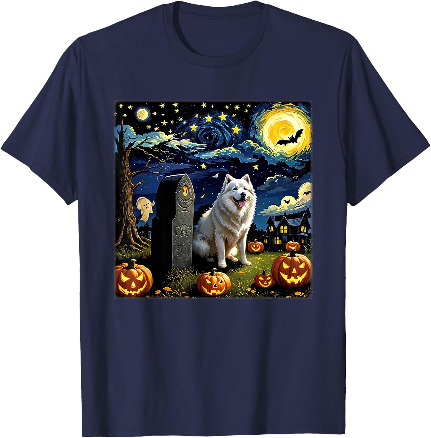 Spooky Halloween Samoyed Dog Starry Night Women Kids T-Shirt - T-Shirt | Navy