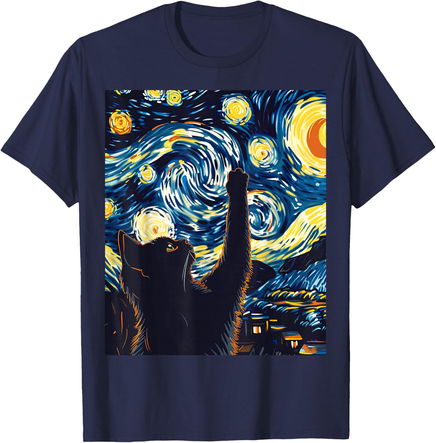 Cute Cat Van Gogh Style Starry Night Art T-Shirt - T-Shirt | Navy
