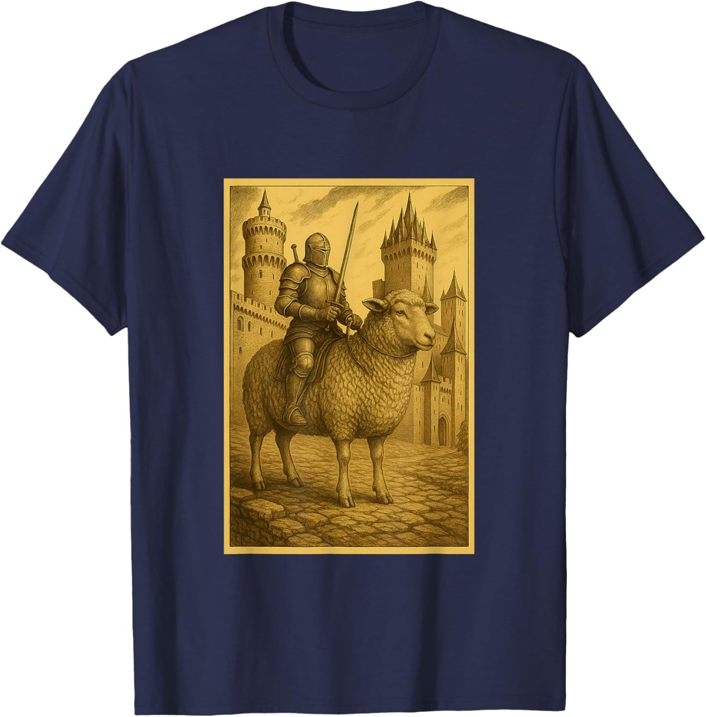 Medieval Knight Riding a Sheep Fantasy Art Surreal Rider T-Shirt - T-Shirt | Navy
