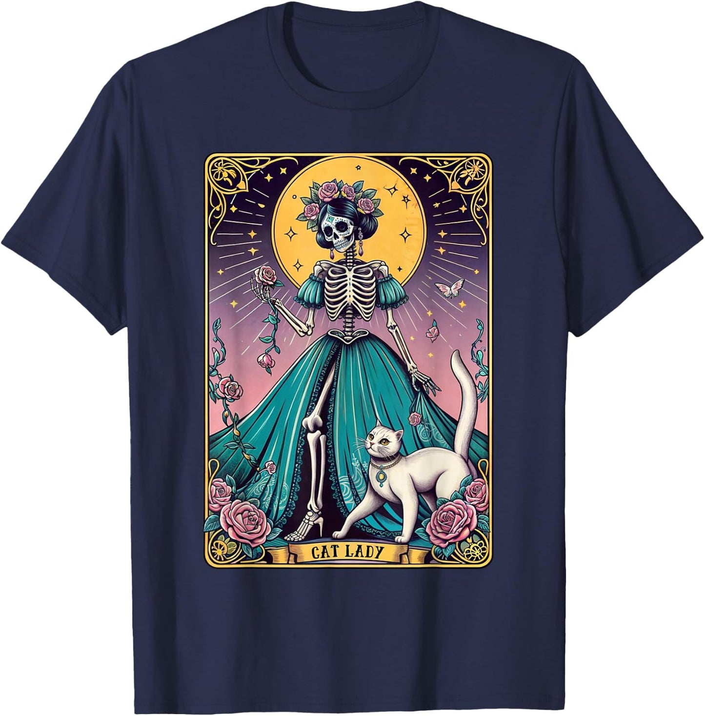 Cat Lady Tarot Card Skeleton Woman Funny Cat Lover T-Shirt - T-Shirt | Navy