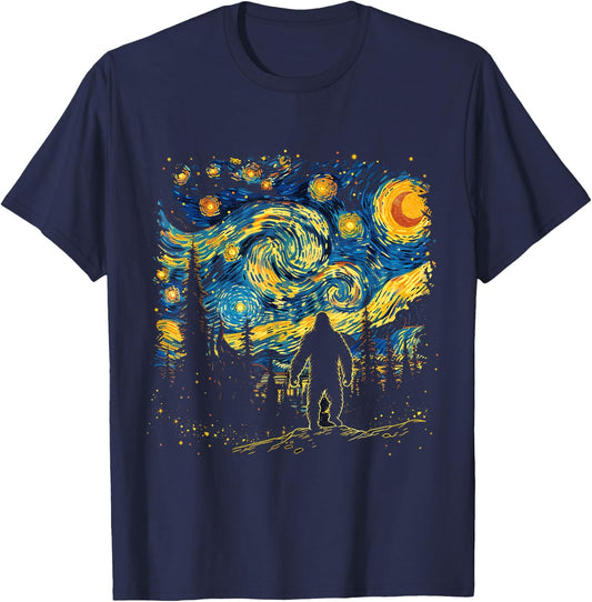 Funny Bigfoot Starry Night Sasquatch Van Gogh Sky Painting T-Shirt - T-Shirt | Navy