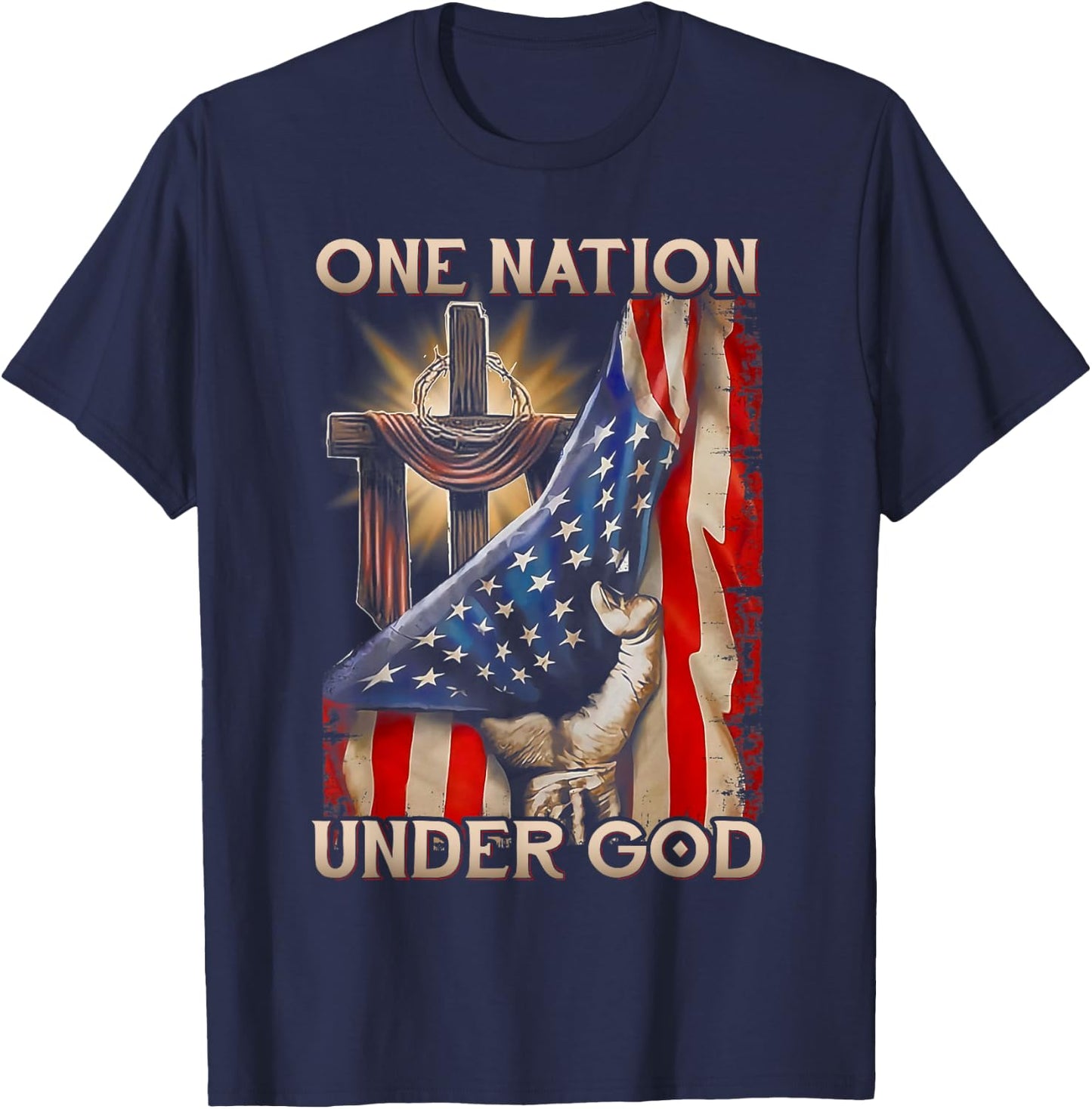 One Nation Under God US Flag 4th Of July Patriotic Christian T-Shirt - T-Shirt | Navy