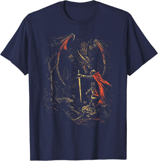 Book Fantasy Art Brave Knight Fighting T-Shirt - T-Shirt | Navy