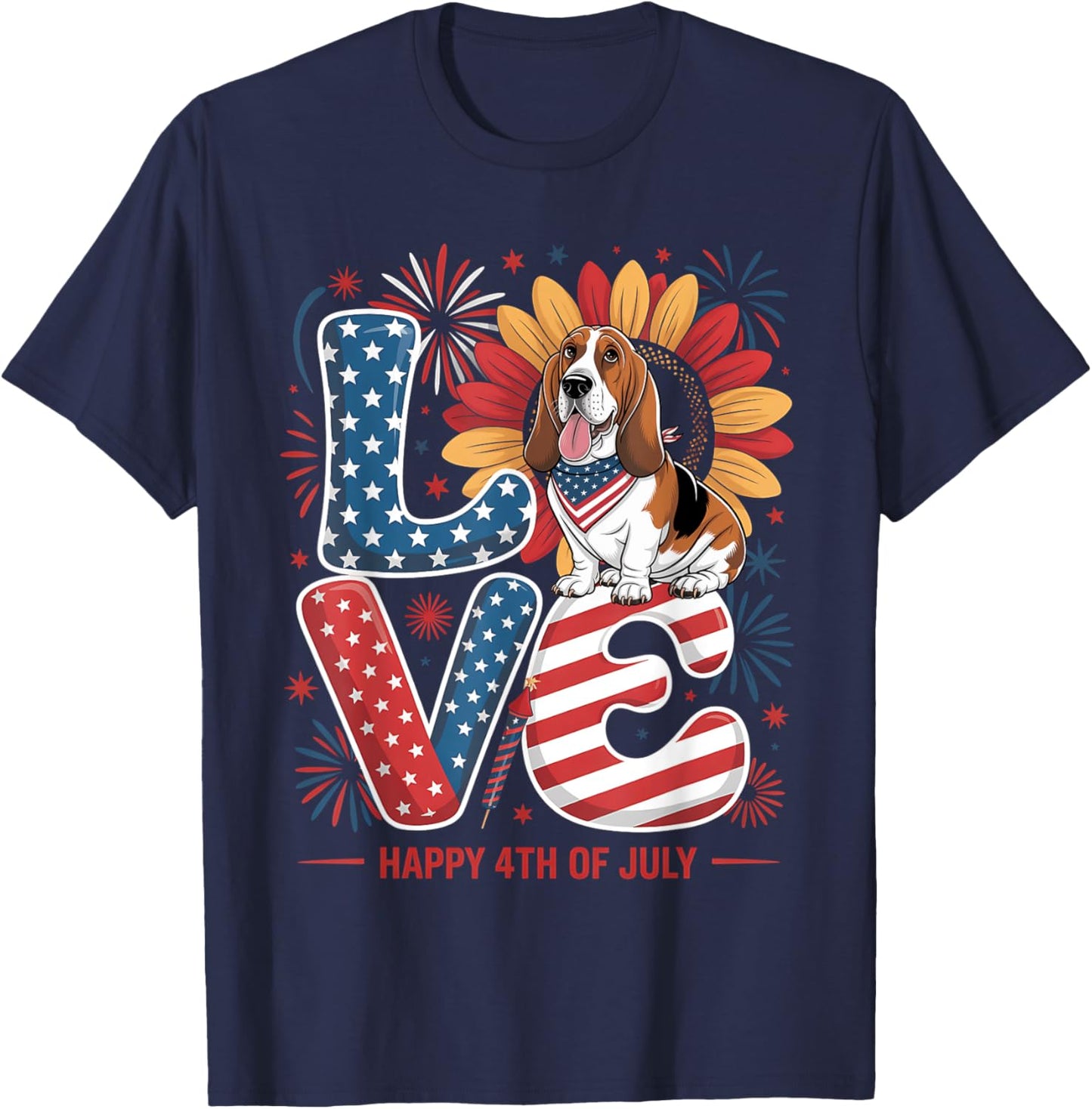 Funny Love Basset Hound Dog USA Flag Patriotic 4th Of July Women Kids T-Shirt - T-Shirt | Navy