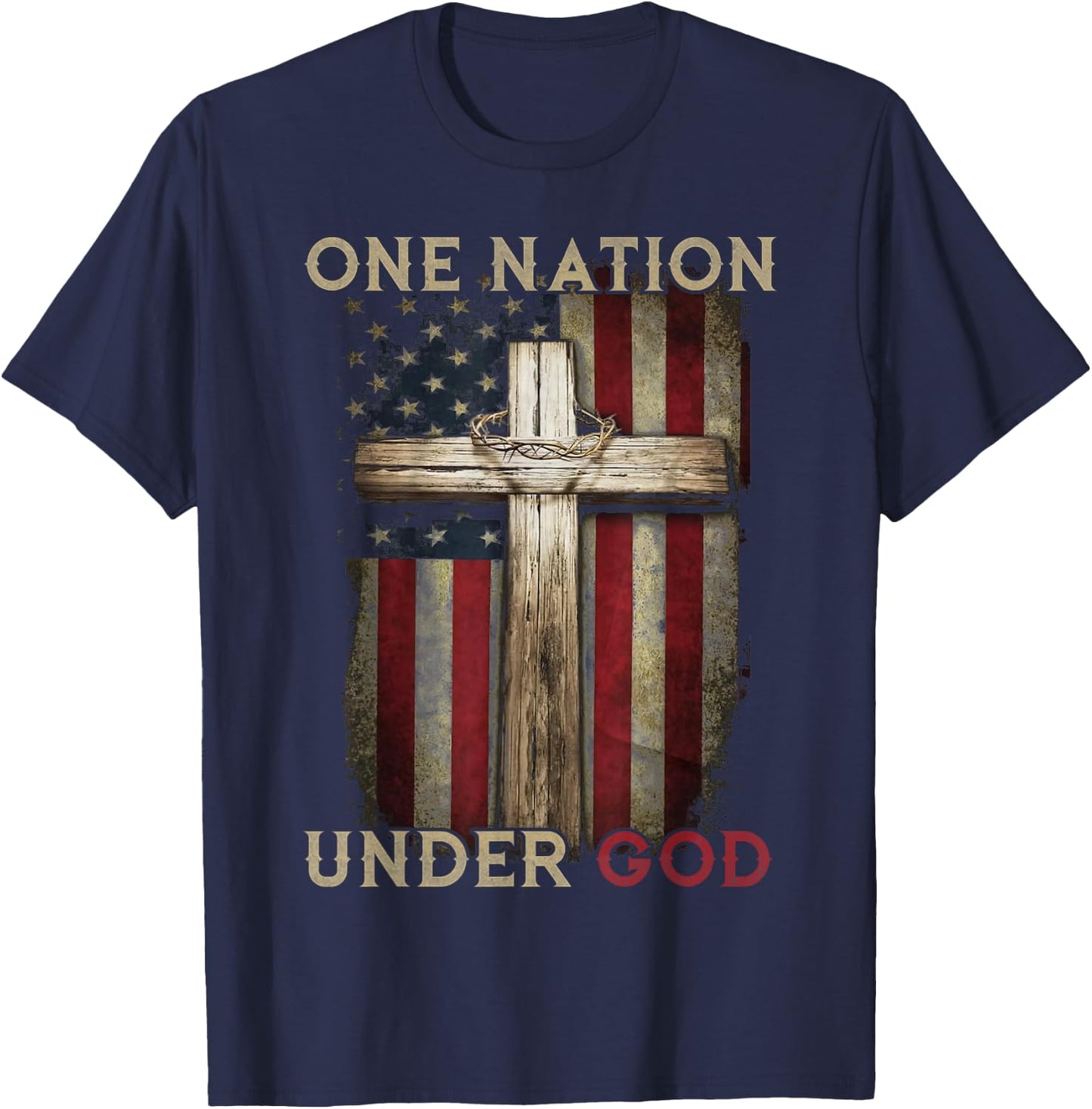 One Nation Under God US Flag 4th Of July Patriotic Christian T-Shirt - T-Shirt | Navy