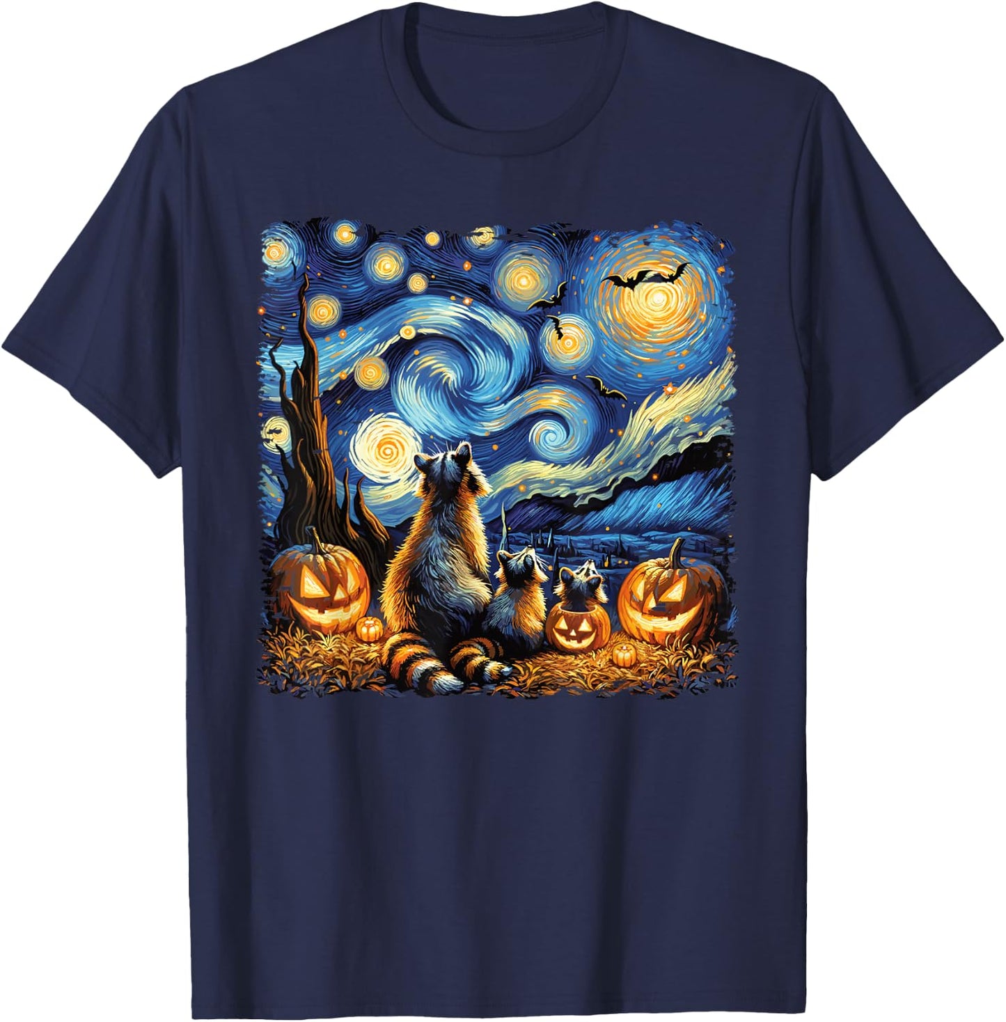 Halloween Fall Raccoon Van Gogh Starry Night Bats & Pumpkins T-Shirt - T-Shirt | Navy