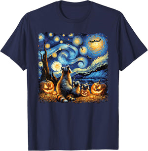 Halloween Fall Raccoon Van Gogh Starry Night Bats & Pumpkins T-Shirt - T-Shirt | Navy