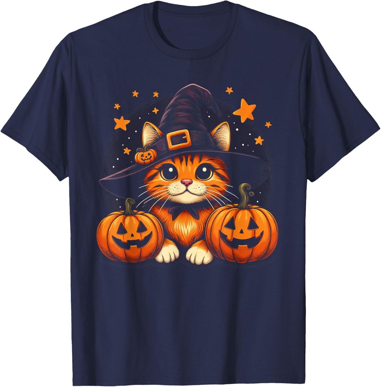 Orange Tabby Cat Halloween Graphic Women Cat Lover T-Shirt - T-Shirt | Navy