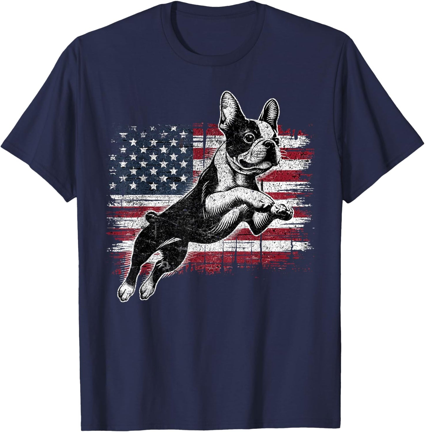 Boston Terrier Dog American Flag 4th of July Patriotic Puppy T-Shirt - T-Shirt | Navy