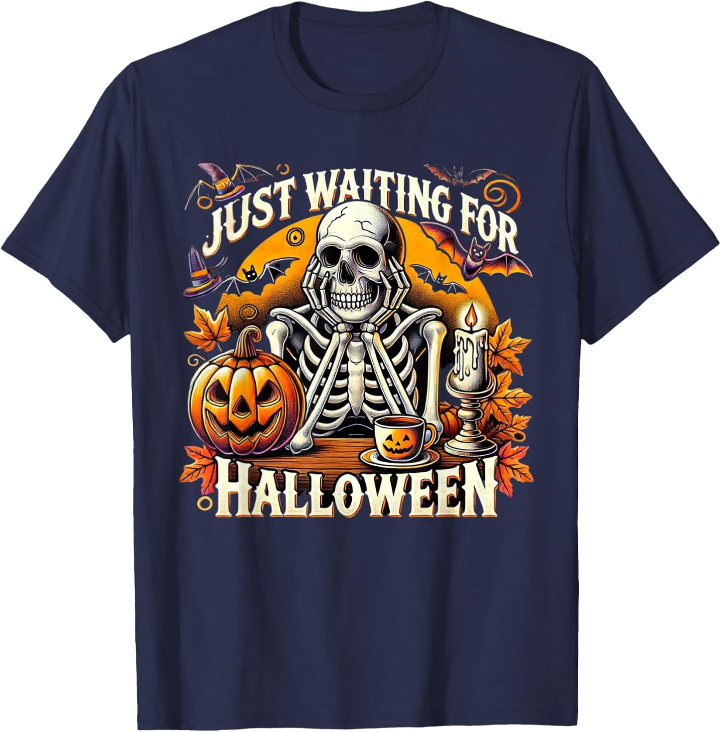 Just Waiting for Halloween Skeleton Coffee Spooky Season T-Shirt - T-Shirt | Navy