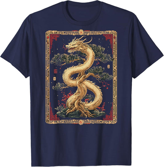 Chinese Dragon Bonsai Back Printed Graphic T-Shirt - T-Shirt | Navy