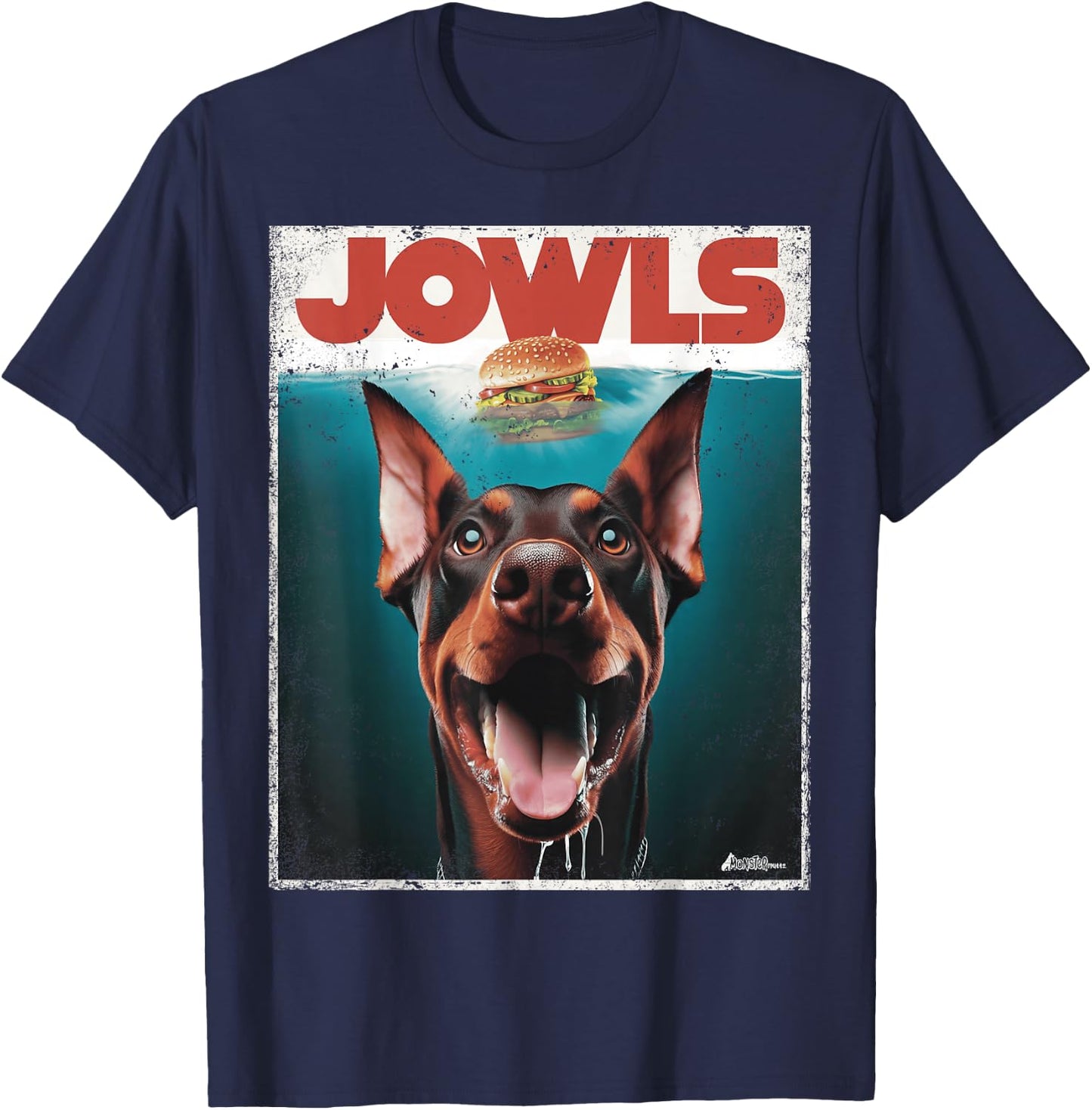 MonsterMuttz Funny Doberman Jowls Top Drooling Dobie Fur -Adults Black Small T-Shirt - T-Shirt | Navy