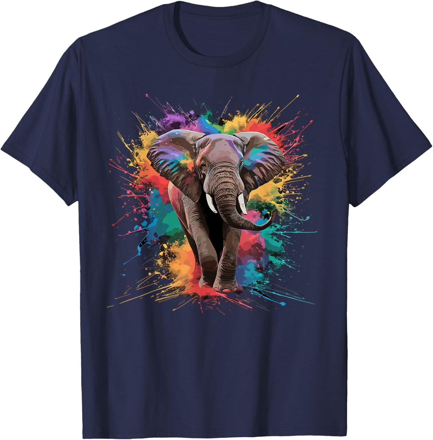 Colorful Paint Splash Elephant Art Graphic T-Shirt - T-Shirt | Navy